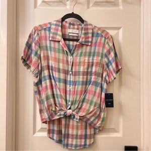 NWT Lucky Brand Linen Top Women's Plaid Cropped Button Up Shirt Tie Waist